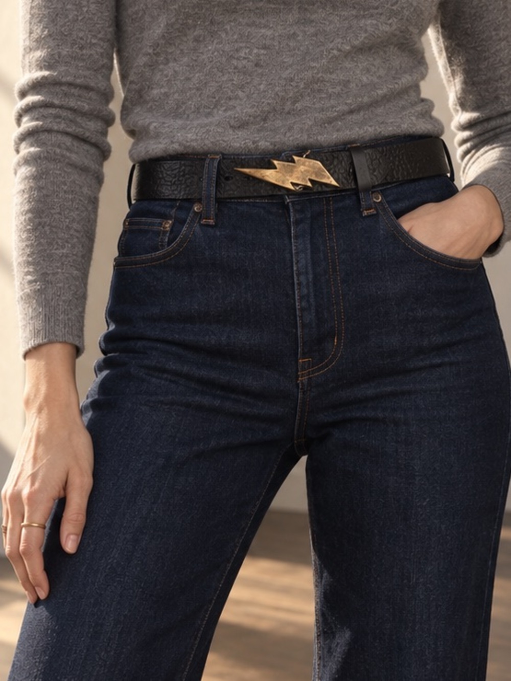 Kim White Lightning Bolt Leather Belt Black Antique Brass Small